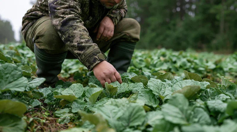Hunter in camouflage crouching to inspect green leafy plants in a field