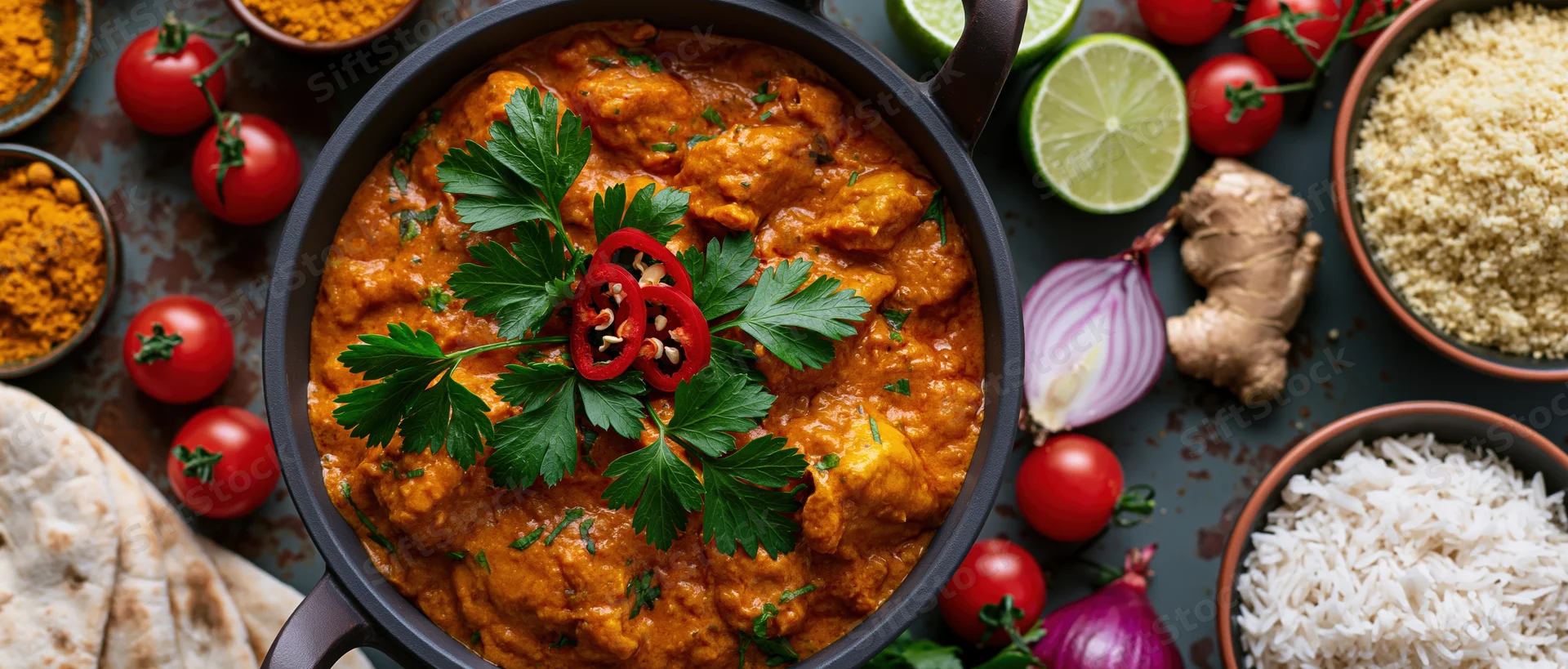 Butter chicken curry in a dark cast iron pan garnished with parsley and chili, surrounded by fresh ingredients and rice