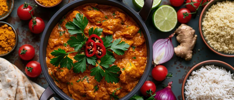Butter chicken curry in a dark cast iron pan garnished with parsley and chili, surrounded by fresh ingredients and rice
