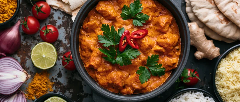 Butter chicken curry in a cast iron pan garnished with parsley and chili, surrounded by naan, rice, lime, onions, tomatoes, and spices on a dark rustic surface, overhead view