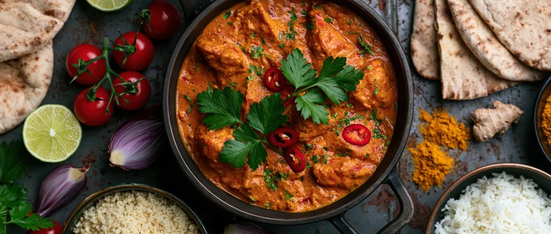 Butter chicken curry in a cast iron pan garnished with cilantro and chili, surrounded by naan, rice, lime, and spices