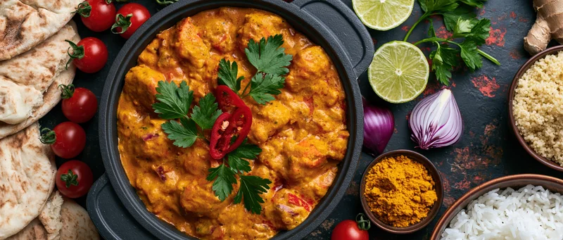 Butter chicken curry in a cast iron pan garnished with cilantro and chili, surrounded by naan, rice, lime, tomatoes, and spices on a dark surface