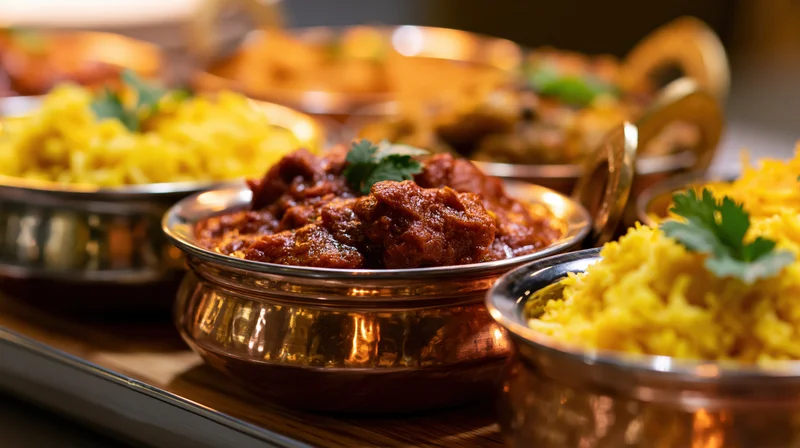 Indian curry and saffron rice served in copper and stainless bowls on a tray