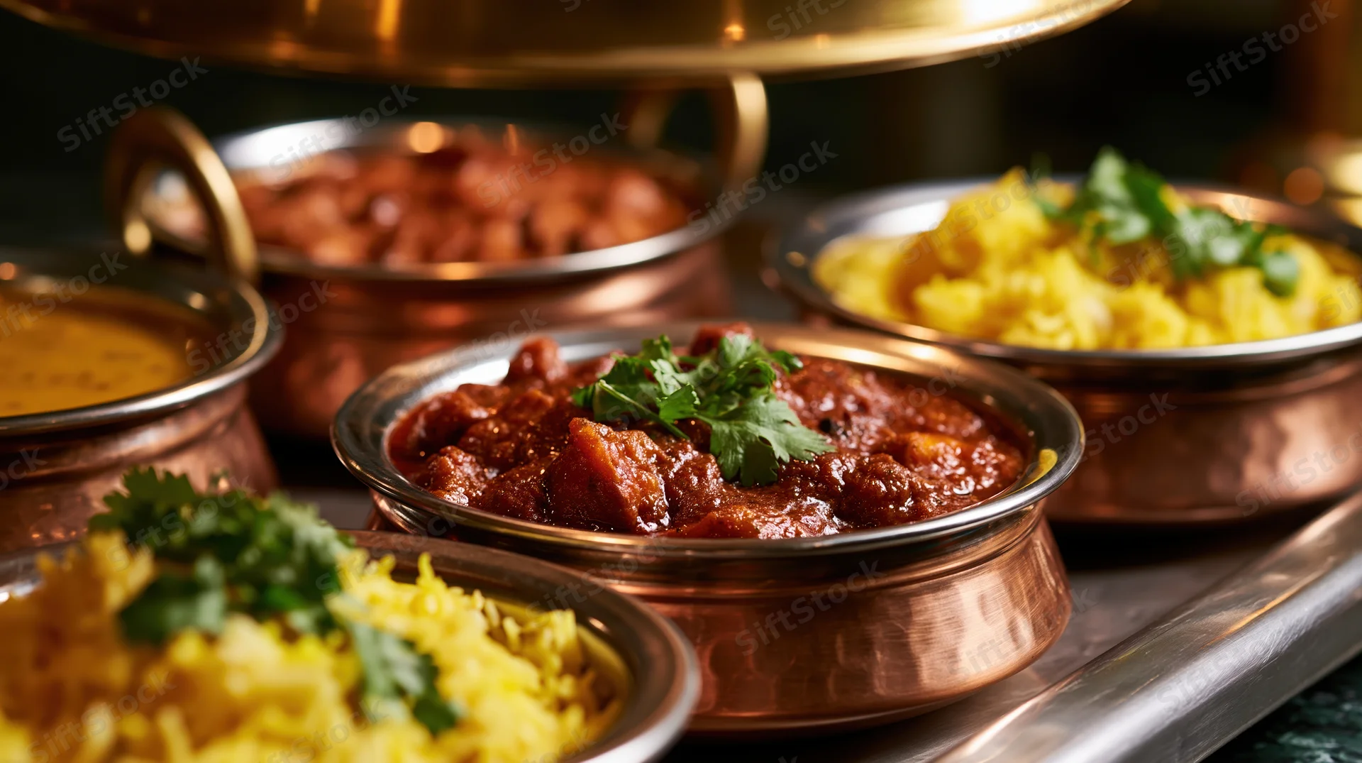 Indian curry and saffron rice served in copper bowls on a tray