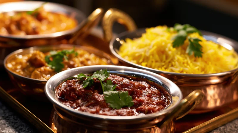 Indian curry and saffron rice served in copper and stainless bowls on a tray