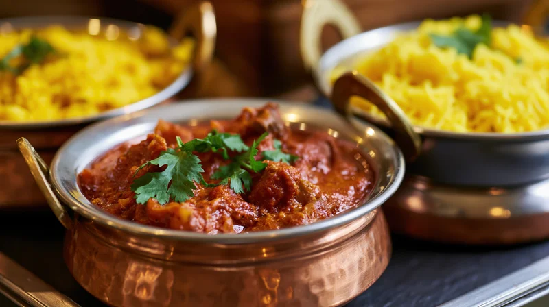 Indian curry with saffron rice served in copper bowls on a dining table