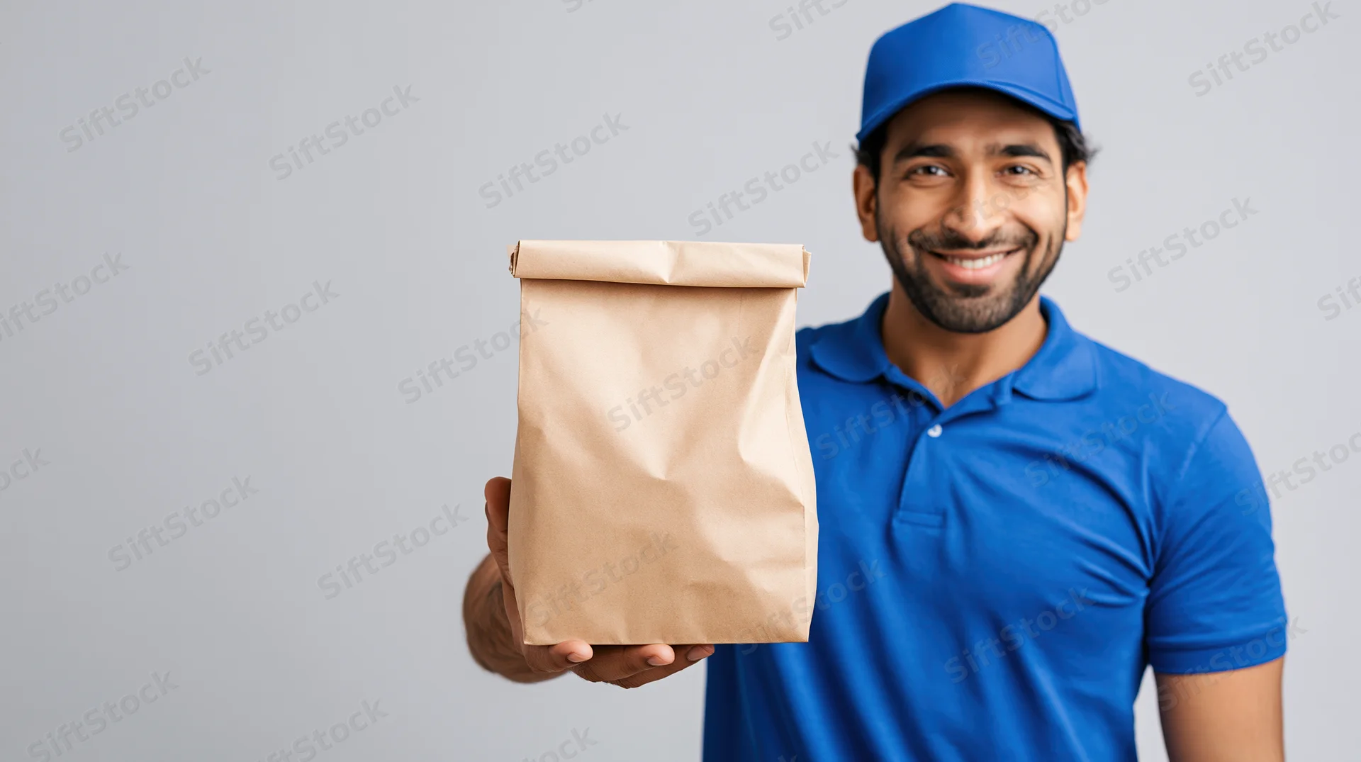 Smiling delivery man holding a kraft paper bag against a gray background