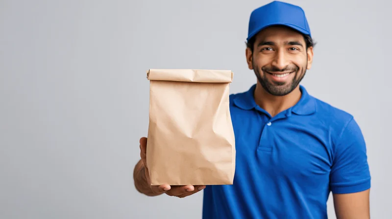 Smiling delivery man holding a kraft paper bag against a gray background