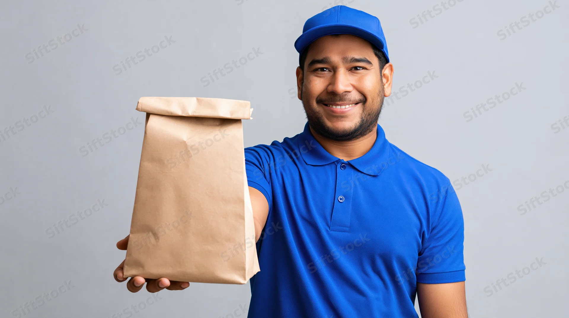 Smiling deliveryman holding a kraft paper bag against a gray background