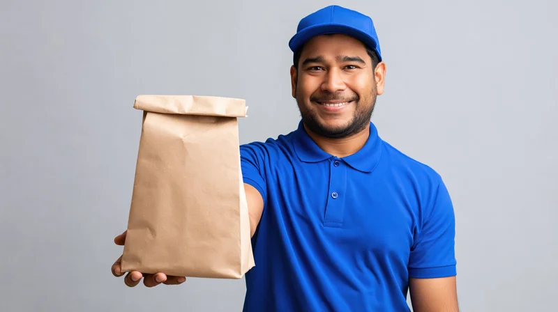 Smiling deliveryman holding a kraft paper bag against a gray background