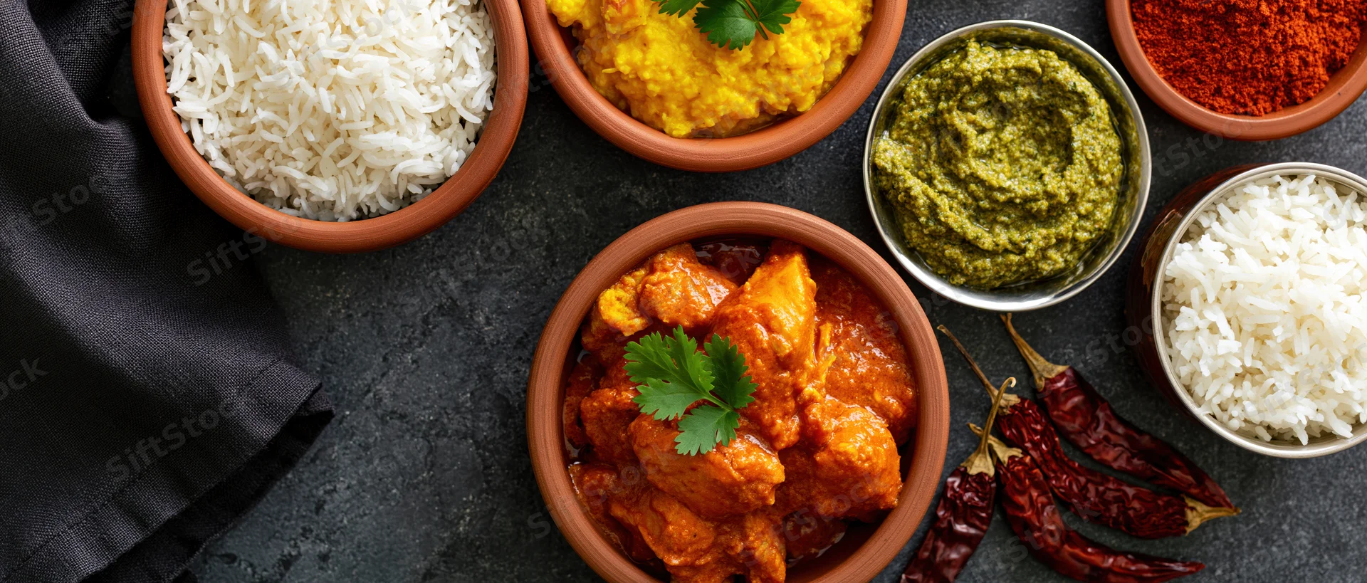 Indian meal spread with curry, rice, chutney and spices arranged on dark slate surface overhead