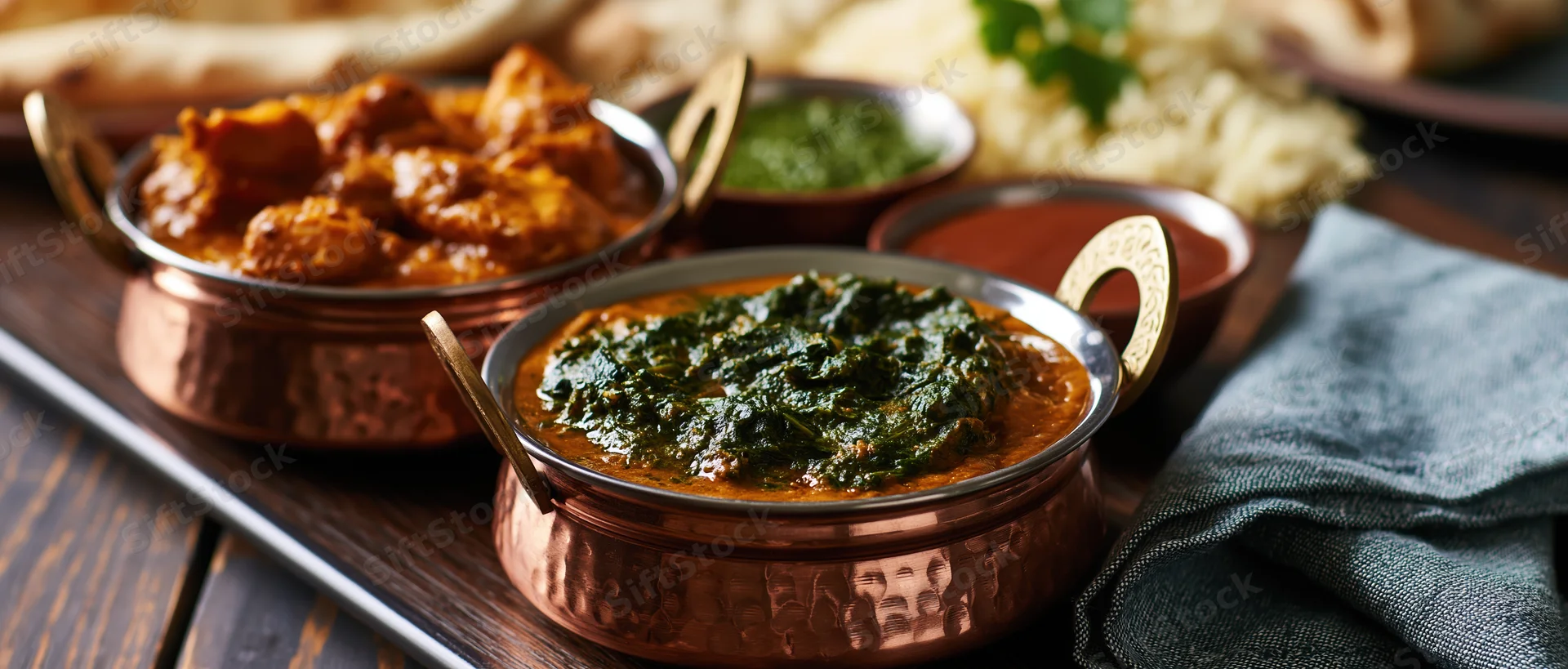 Indian curry dishes served in copper bowls on a dark wooden table with naan and rice