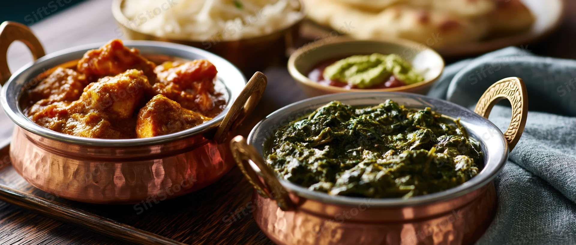 Indian curry and palak paneer served in copper bowls on a dark wooden table with rice and naan bread