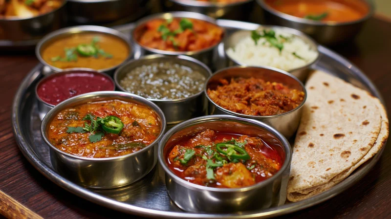 Indian thali meal with multiple curries