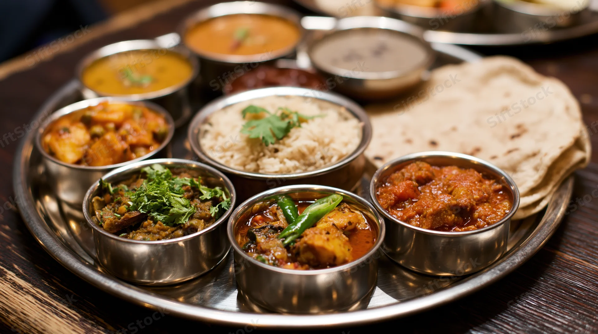 Indian thali meal served on a large round steel plate with multiple small bowls of curry, rice, naan and side dishes
