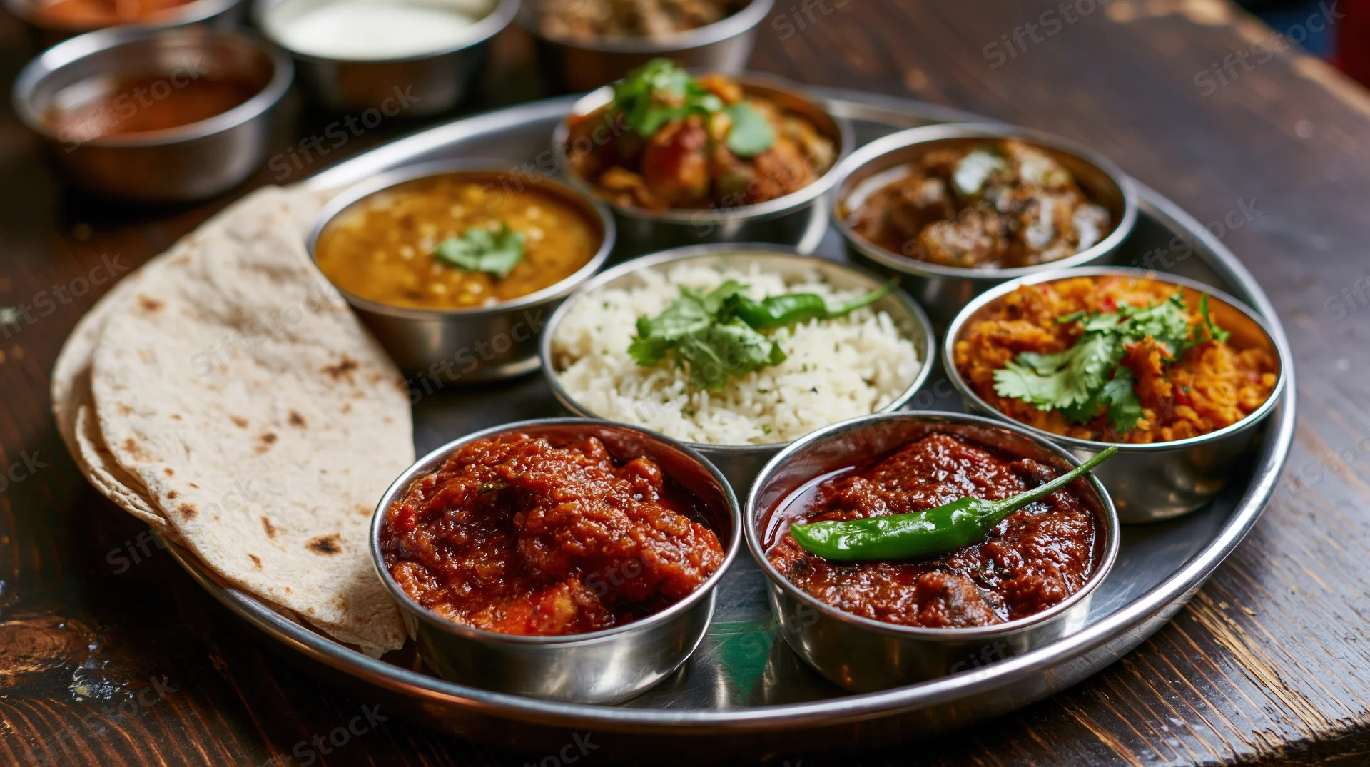 Indian thali meal served on a large round steel plate with multiple small bowls of curry, rice, naan and garnishes on a dark wooden table