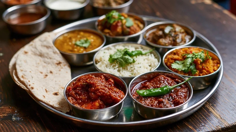 Indian thali meal served on a large round steel plate with multiple small bowls of curry, rice, naan and garnishes on a dark wooden table