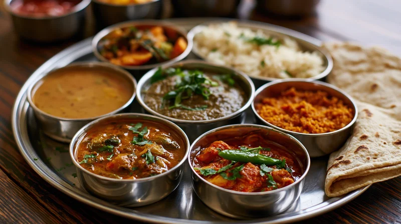 Indian thali meal served on a large round steel plate with multiple curries, rice, and naan bread