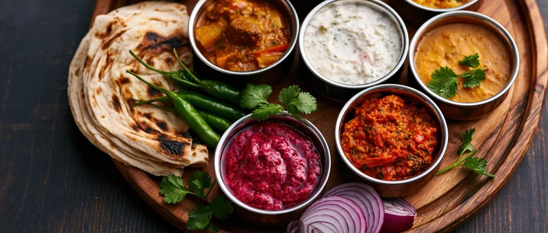 Indian thali meal with multiple curries and naan bread served on a round wooden tray