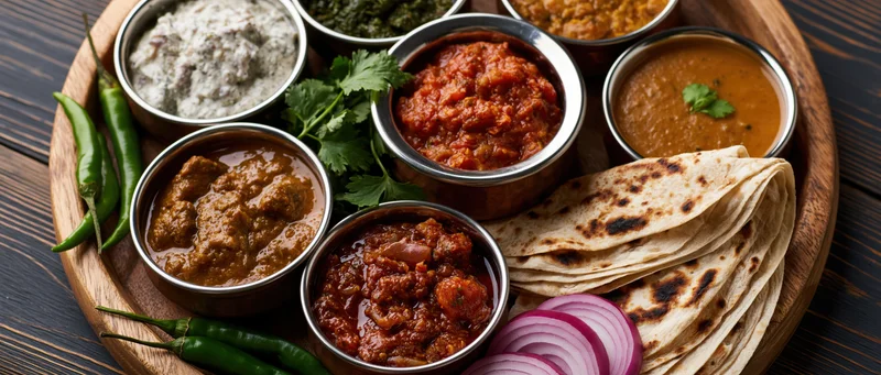 Indian thali meal with multiple curries, roti, chutneys and garnishes arranged on a round wooden tray