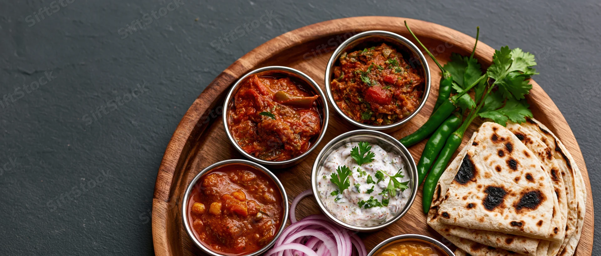 Indian thali meal served on a round wooden tray with multiple small bowls of curry, raita, chutney, and roti flatbread, garnished with cilantro and green chili