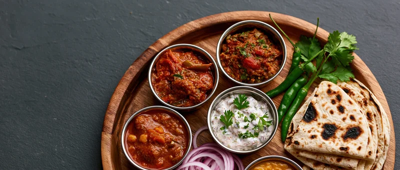 Indian thali meal served on a round wooden tray with multiple small bowls of curry, raita, chutney, and roti flatbread, garnished with cilantro and green chili