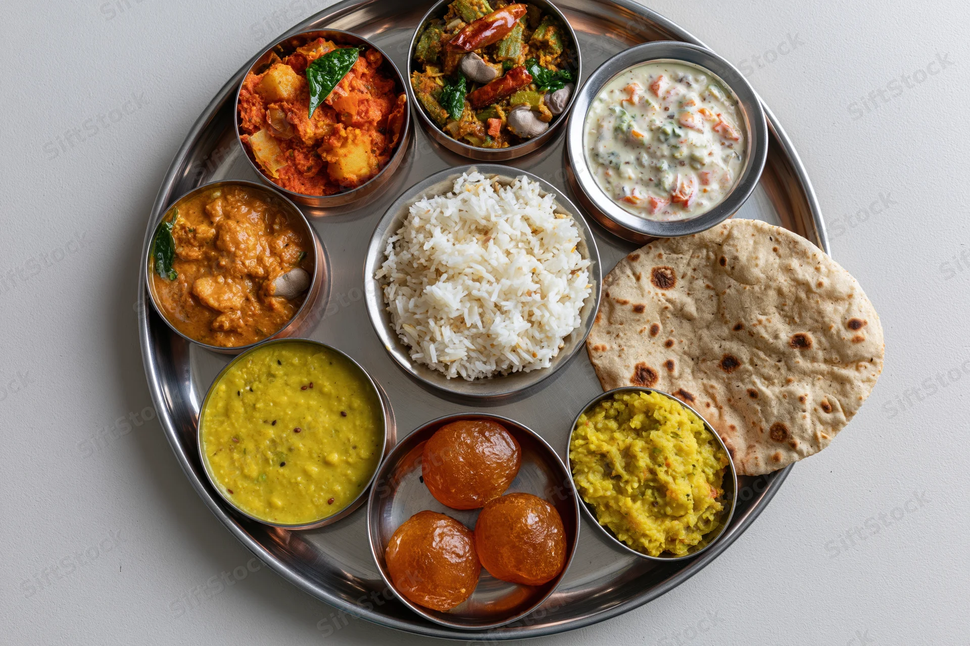 Indian thali meal with rice, curries, dal, roti and sweets arranged on a steel plate