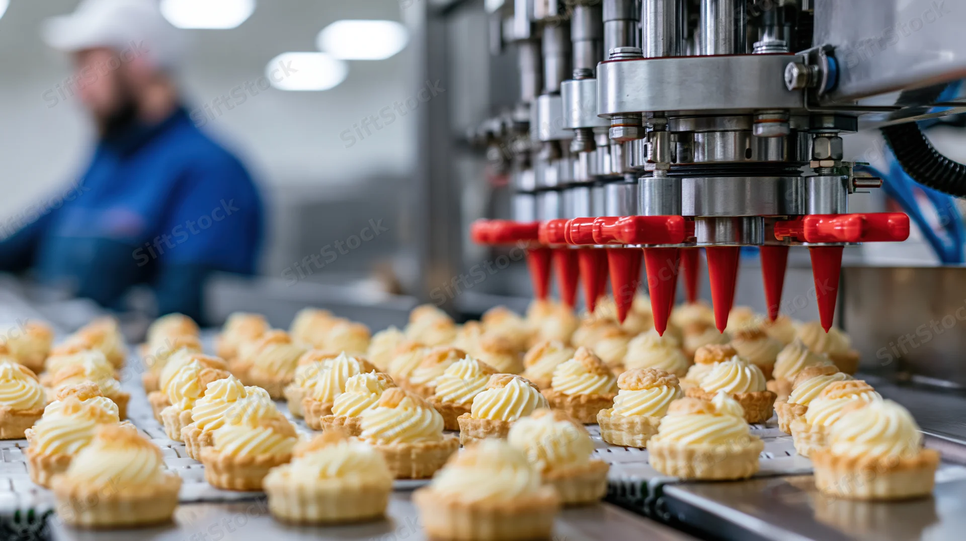 Automated machine filling small tarts with cream on a conveyor in an industrial bakery production line