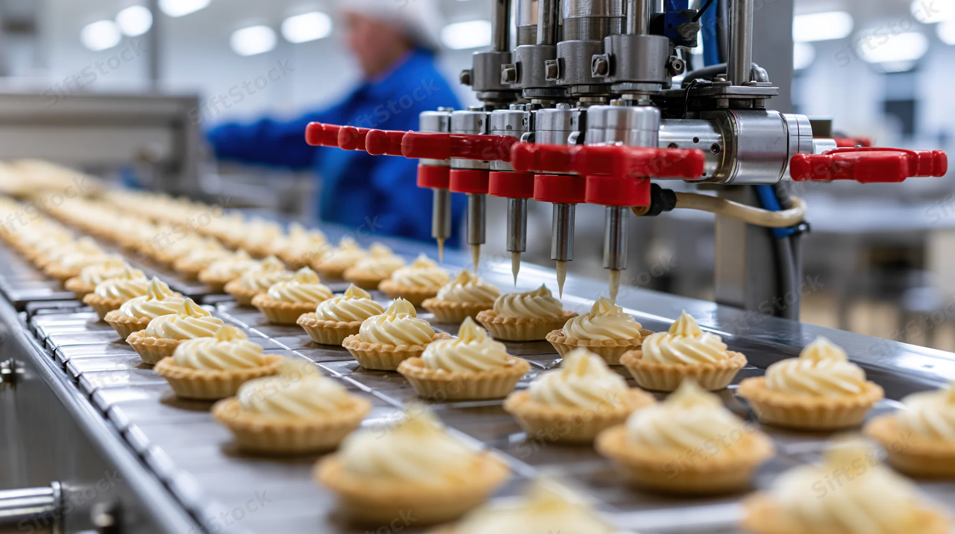 Robotic machine filling small tarts with cream on a conveyor line in an industrial bakery