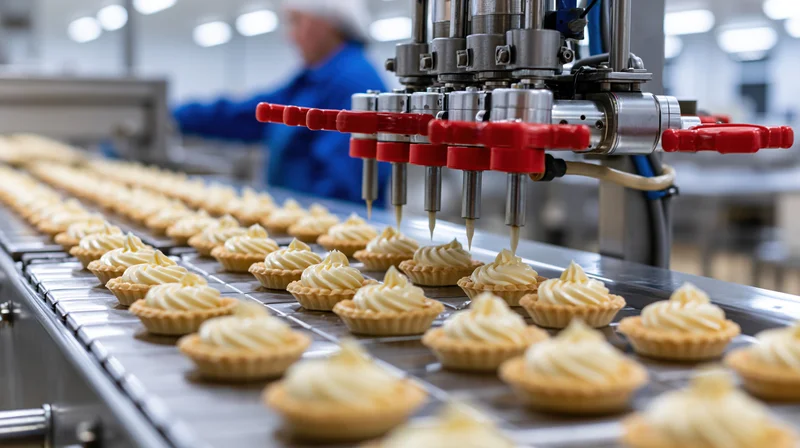 Robotic machine filling small tarts with cream on a conveyor line in an industrial bakery