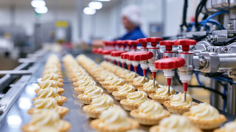 Rows of small tarts being filled with cream on a conveyor belt in an industrial bakery