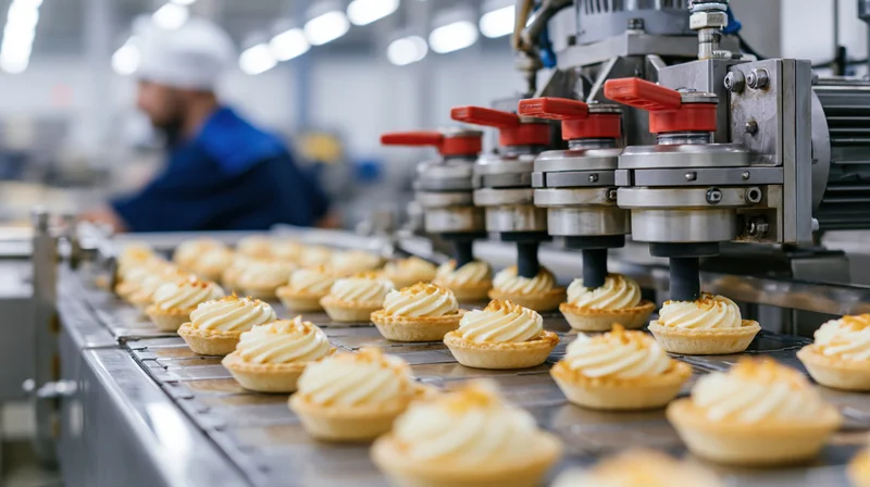 Small tarts with piped cream filling moving along conveyor belt in industrial bakery