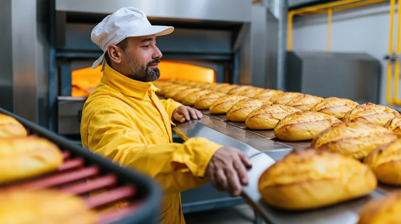 Baker in yellow uniform and white cap inspecting fresh bread loaves on conveyor belt in industrial bakery