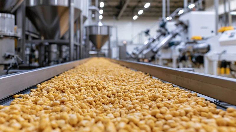 Puffed corn snack moving along conveyor belt in industrial food processing plant