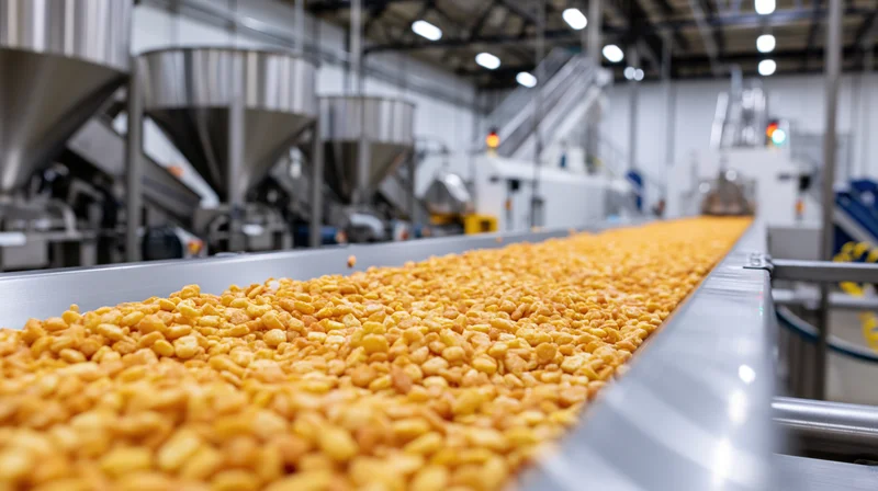 Golden cereal pieces moving along a conveyor belt in a food processing factory