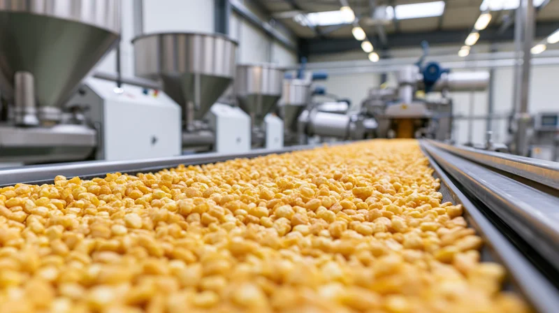 Golden cereal pieces moving along a conveyor belt in a food processing factory