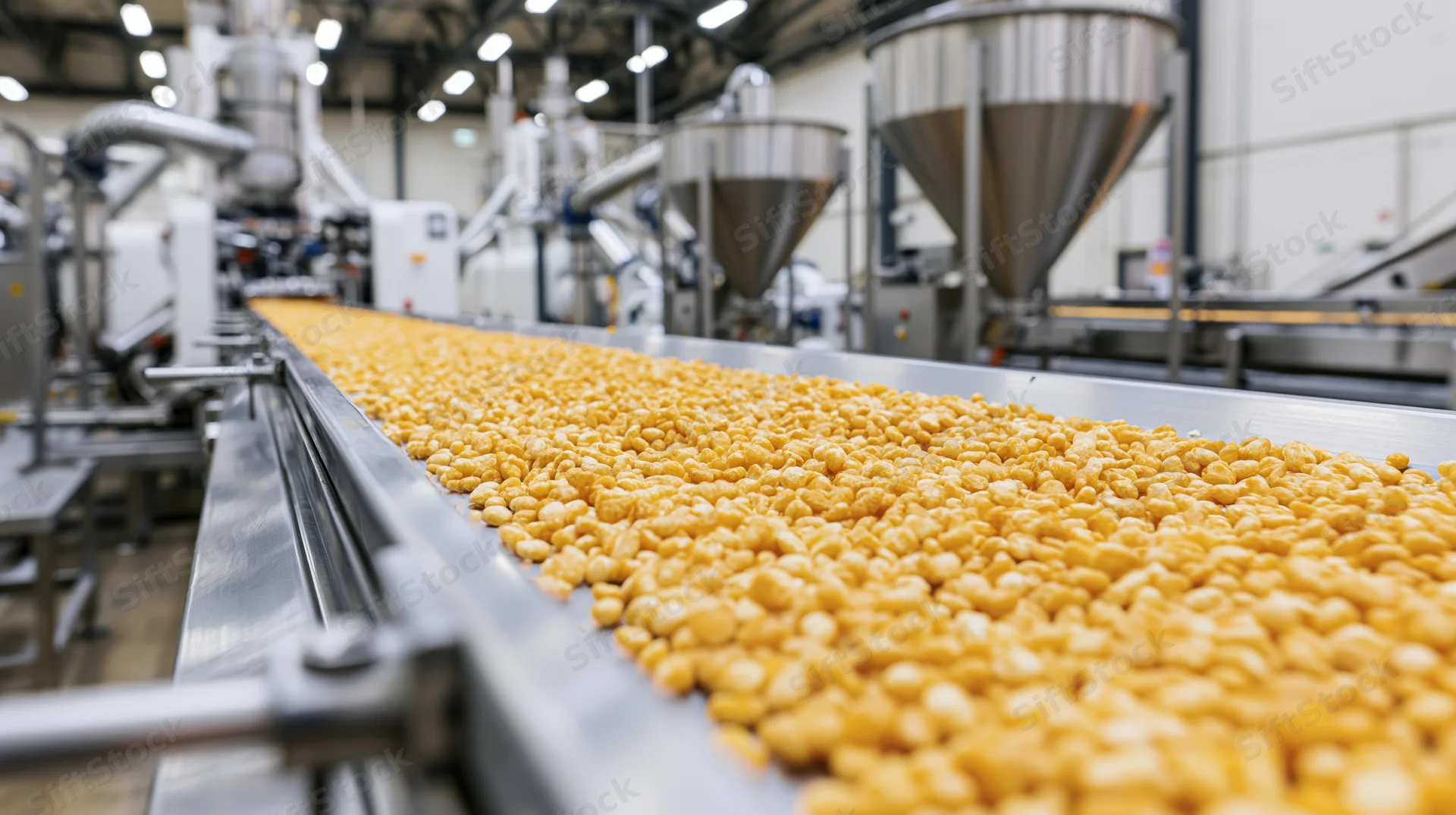 Golden cereal pieces moving along a stainless steel conveyor belt in a food processing factory