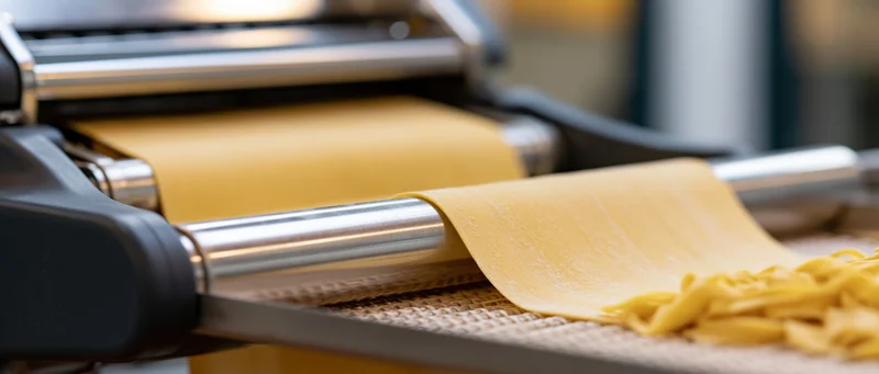 Industrial pasta machine extruding fresh flat noodle sheets onto a mesh tray
