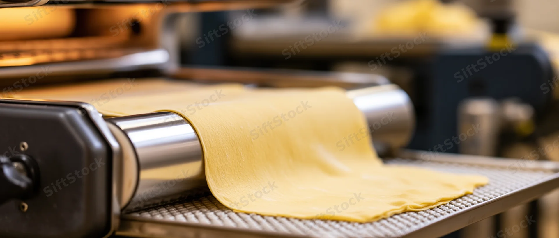 Flat noodle sheet being extruded by industrial pasta machine on conveyor belt