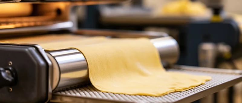 Flat noodle sheet being extruded by industrial pasta machine on conveyor belt