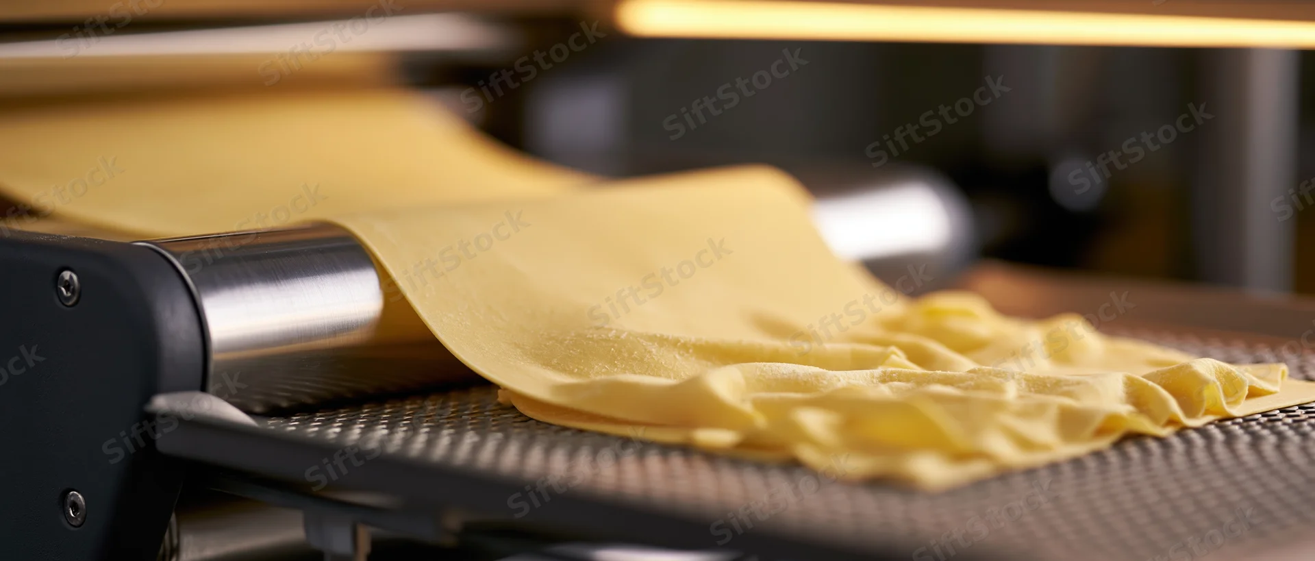 Industrial pasta machine extruding fresh flat noodle sheets onto a mesh conveyor belt