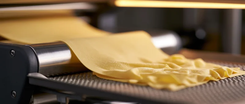 Industrial pasta machine extruding fresh flat noodle sheets onto a mesh conveyor belt