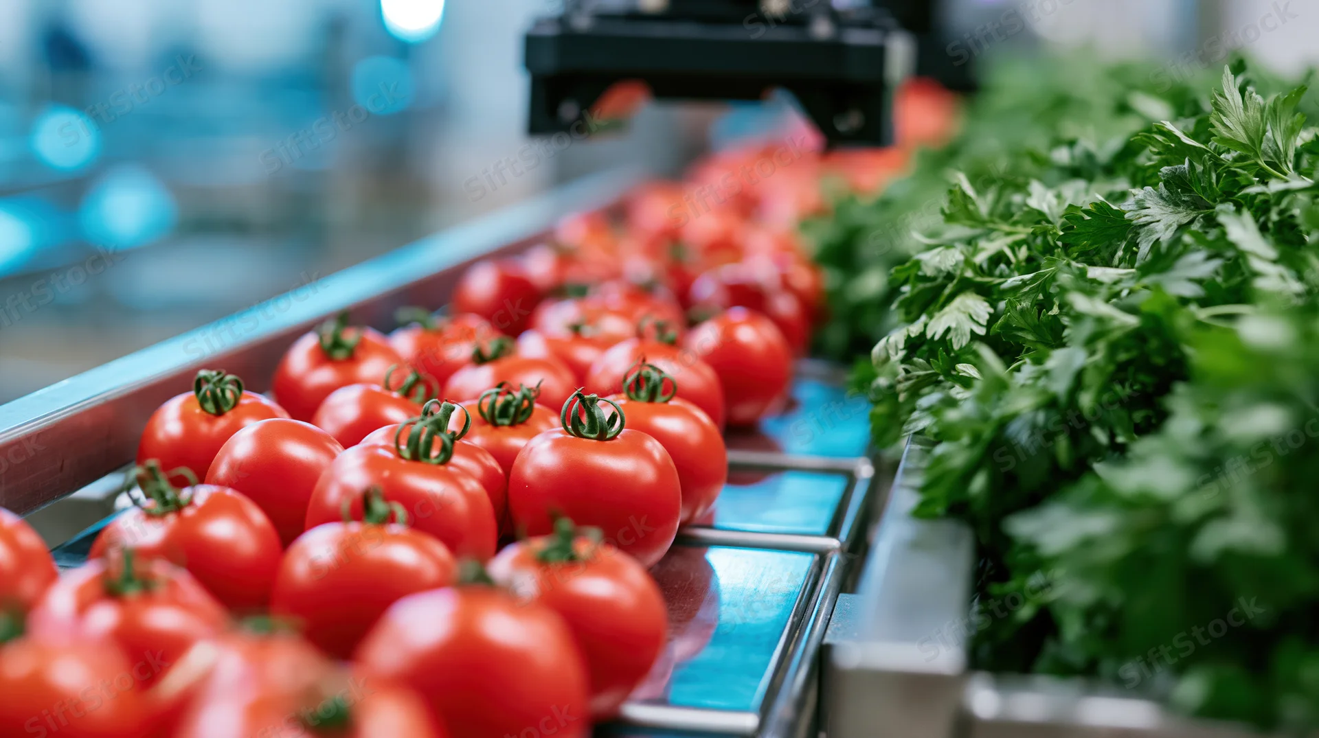 Robotic arm inspecting ripe red tomatoes on a conveyor belt in a food processing facility