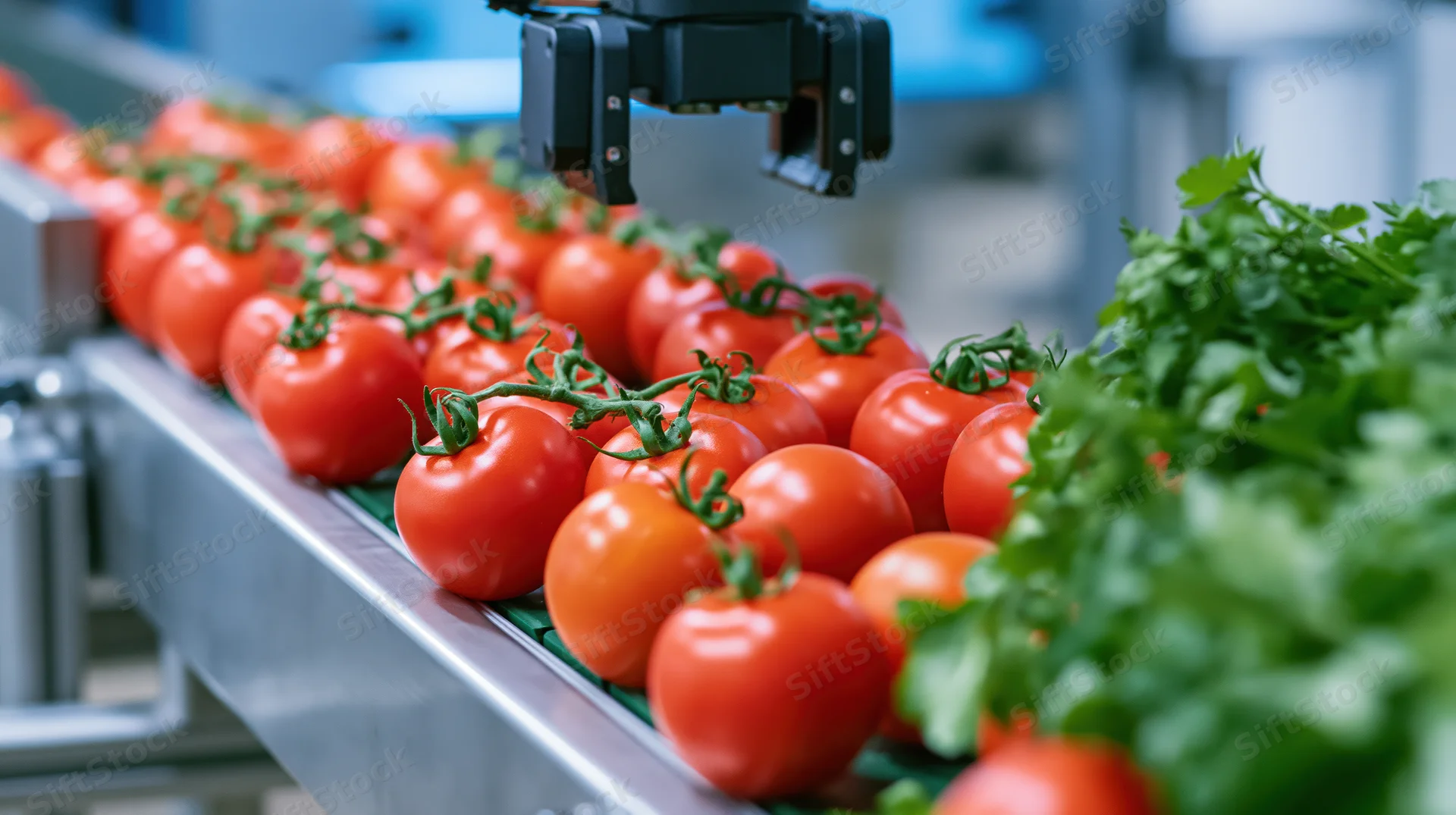 Robotic arm inspecting ripe red tomatoes on a conveyor belt in a food processing facility