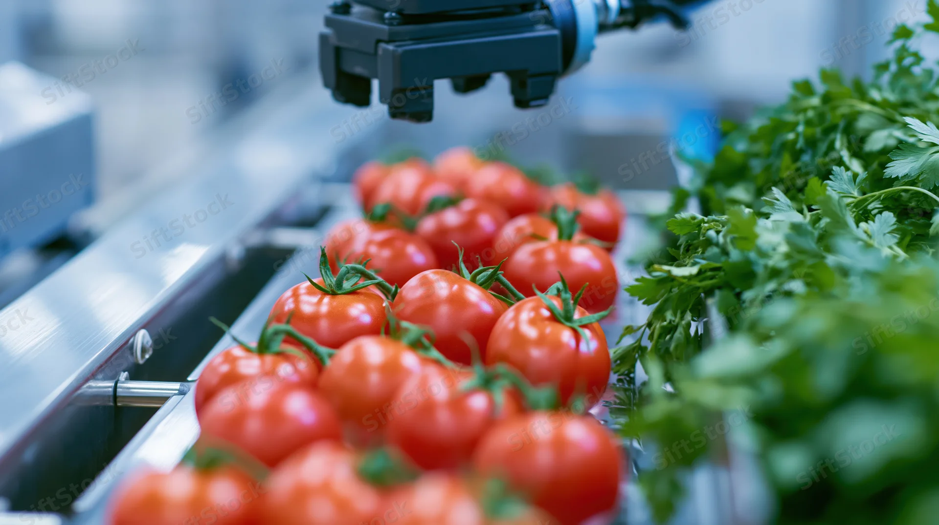 Robotic arm inspecting ripe red tomatoes on a conveyor in a food processing facility