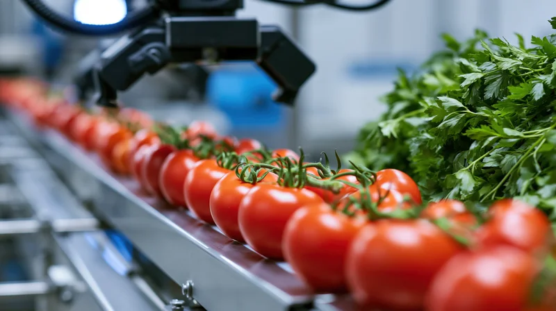 Robotic arm inspecting ripe tomatoes on a conveyor in a food processing facility