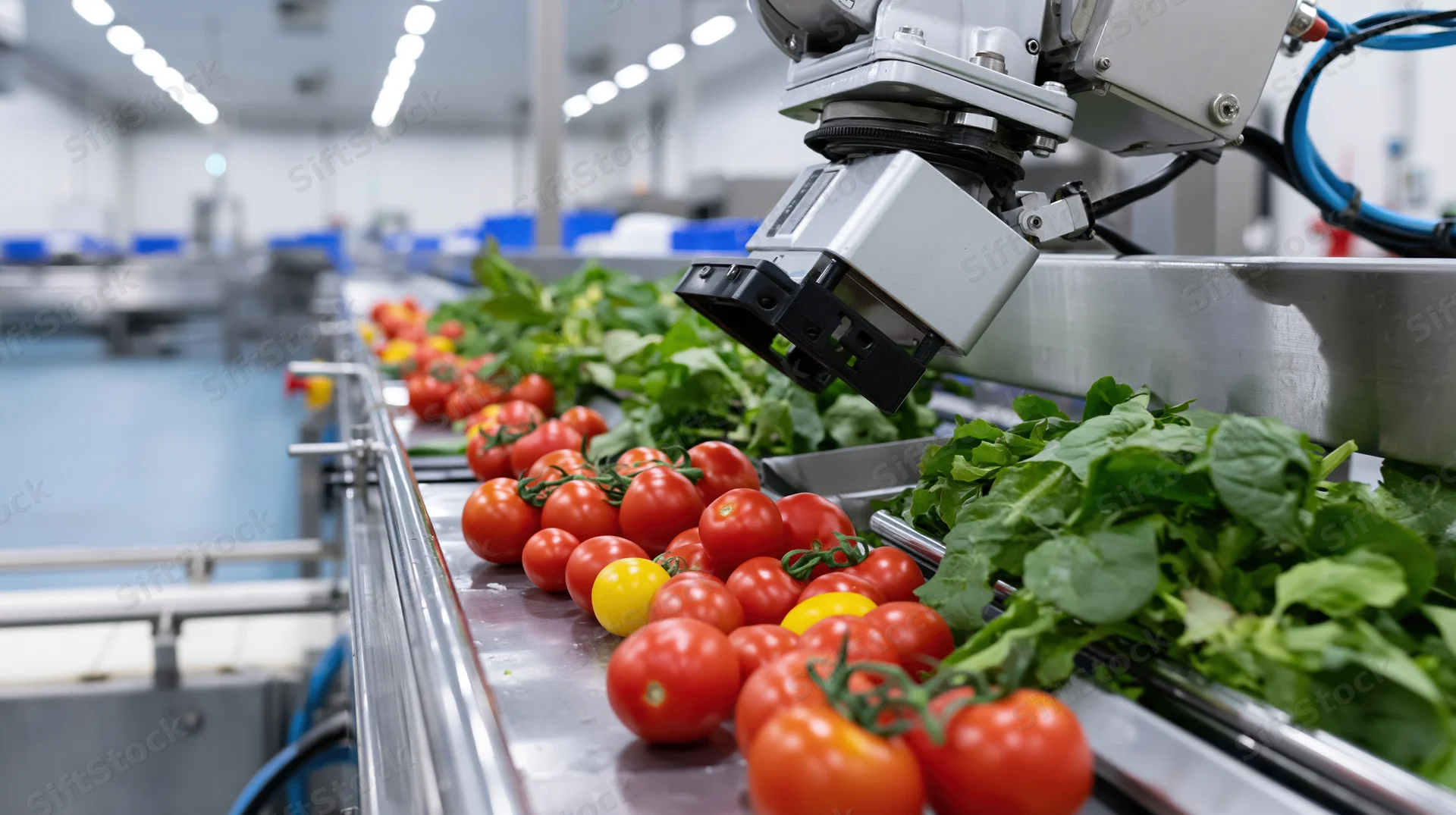 Robotic arm sorting tomatoes and leafy greens on a conveyor in a food processing facility