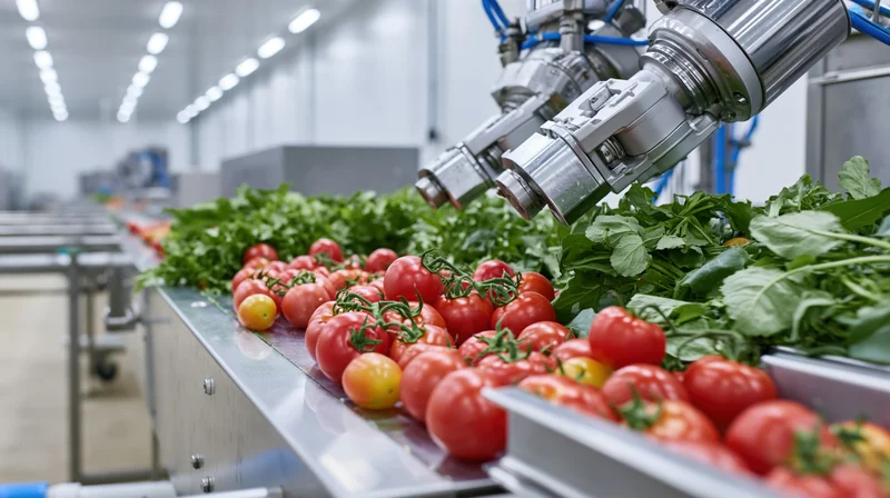 Robotic arm sorting fresh tomatoes and leafy greens on a conveyor in a food processing facility
