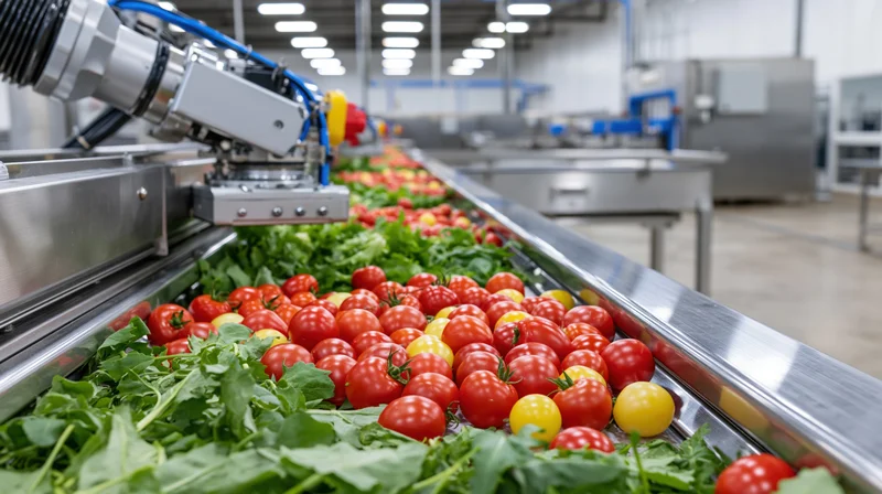 Robotic arm sorting fresh tomatoes and leafy greens on a conveyor in a food processing factory