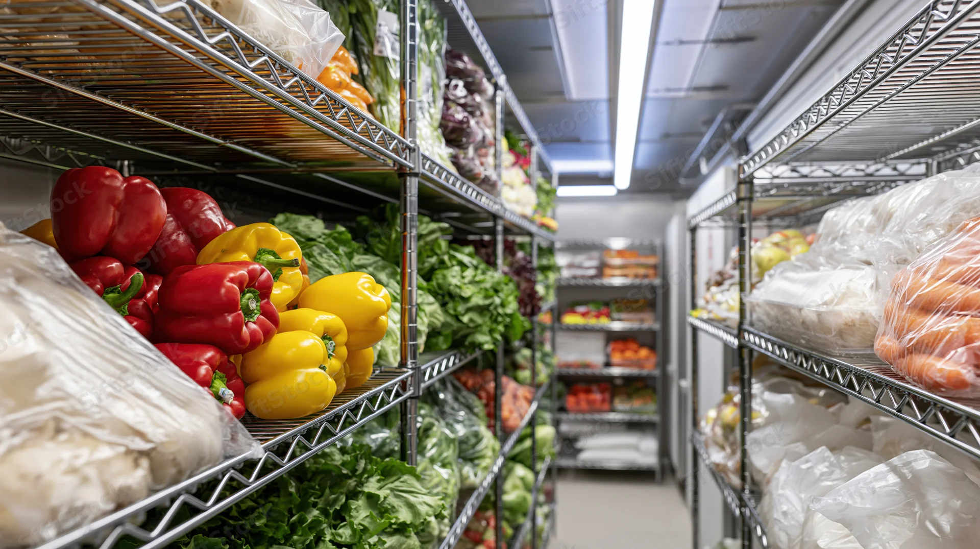 Interior of a commercial walk-in refrigerator with metal shelves stocked with fresh vegetables and produce